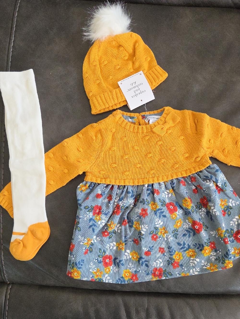 NWT Yellow Knit Top & Floral Dress Set with Pom Hat